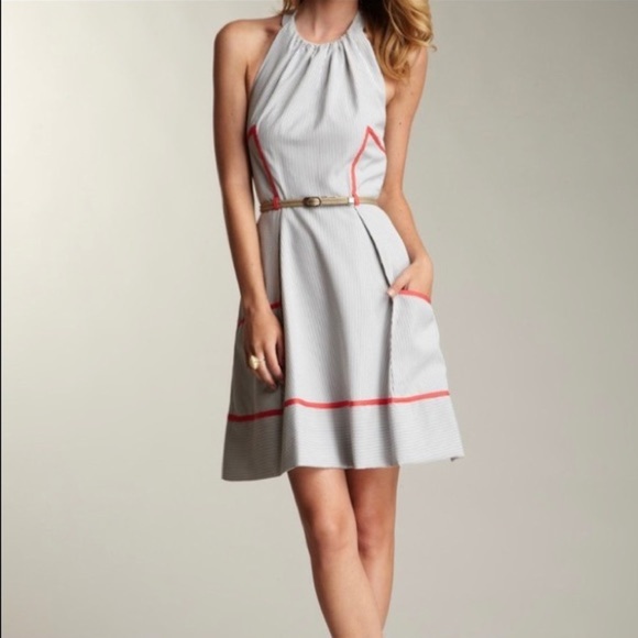 Jessica Simpson Gray Striped Seersucker Halter‎ Dress - Picture 1 of 11